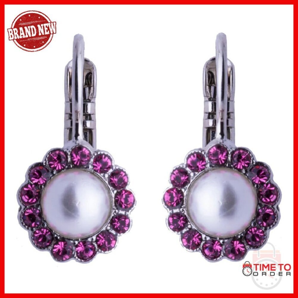 Rhodium Plated Lever Back Earrings with Simulated Pearl and Crystals